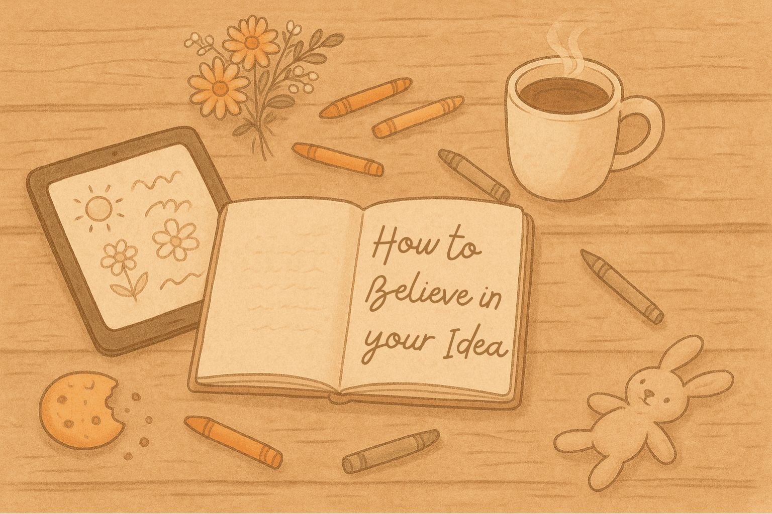 Illustration of a creative desk scene with coffee, notebook, and open book titled How to Believe in Your Idea