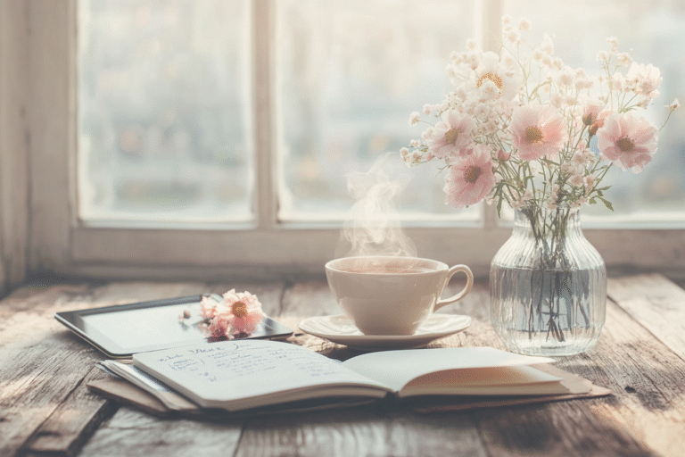 Cup of coffee on an open book with soft pink flowers and warm morning light