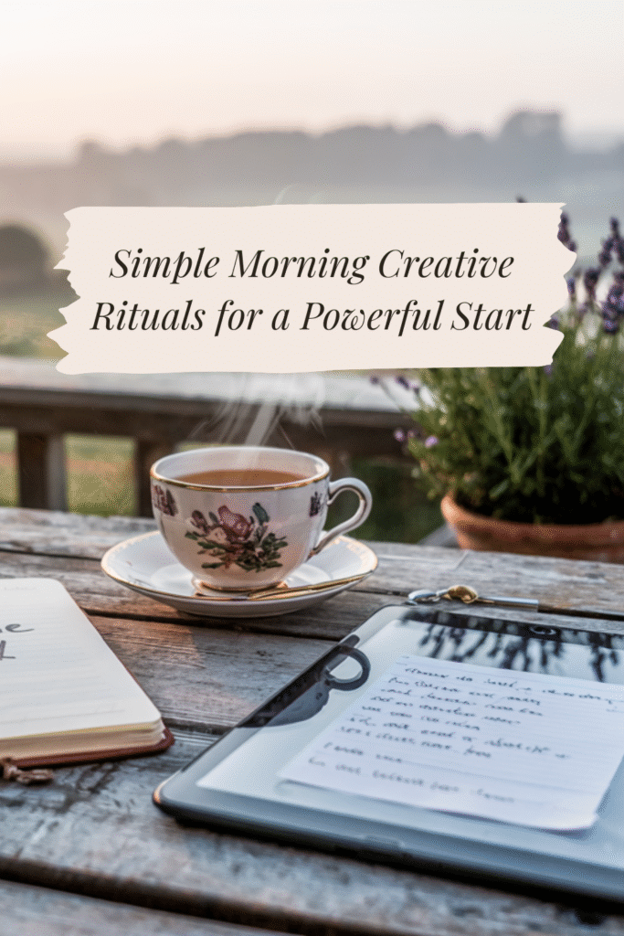 Simple Morning Creative Rituals for a Powerful Start 2 Cup of tea, notebook, and tablet on a rustic wooden table with the text “Simple Morning Creative Rituals for a Powerful Start.”