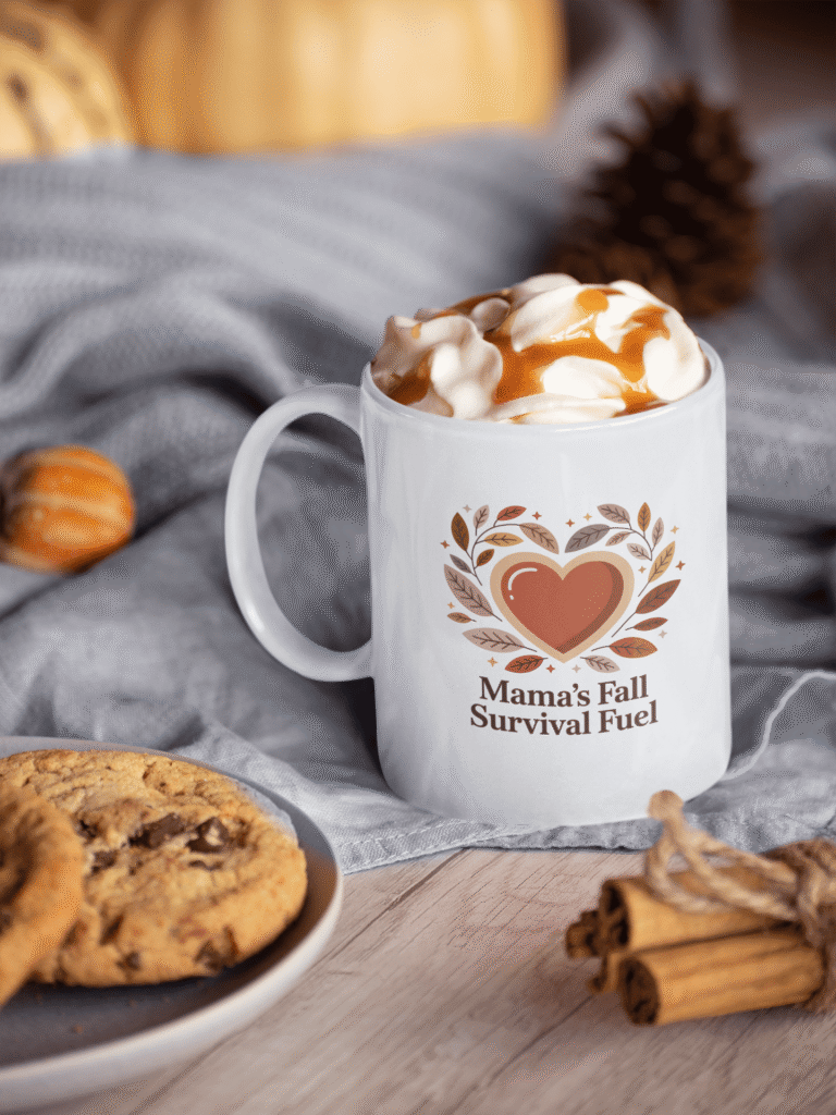 White ceramic mug with the text ‘Mama’s Fall Survival Fuel’ surrounded by autumn leaves and a heart design, filled with whipped cream and caramel, styled with cookies, pumpkins, and cozy fall decor.