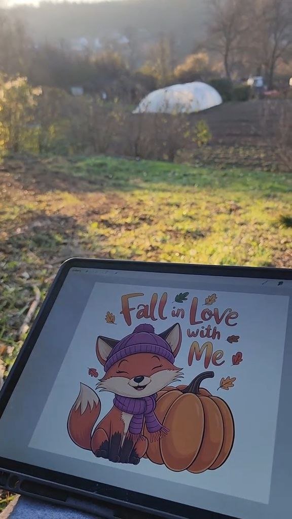 Tablet with autumn fox illustration lying on the grass in nature