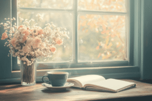 Cozy morning scene with a steaming cup of coffee and flowers by the window-creative mom life blog