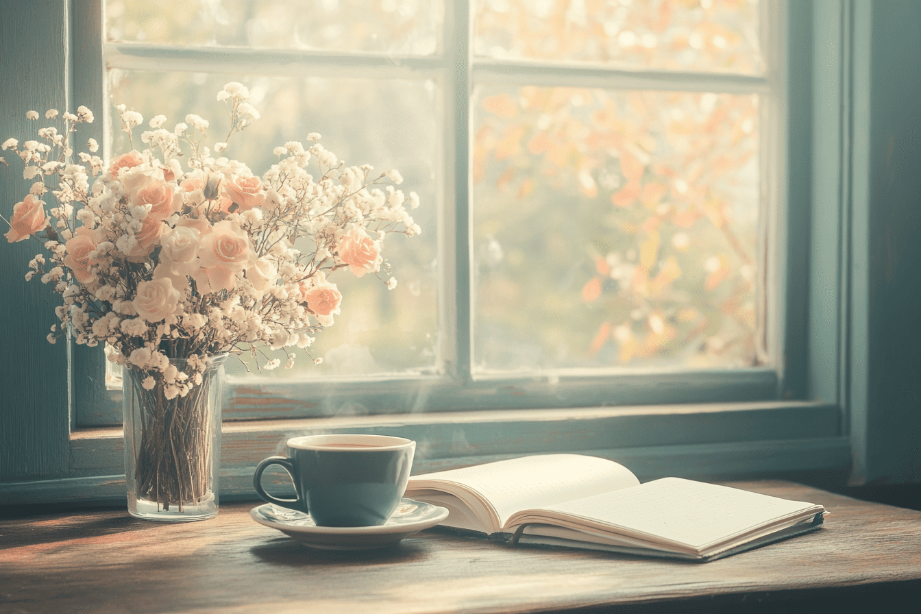 Cozy morning scene with a steaming cup of coffee and flowers by the window-creative mom life blog