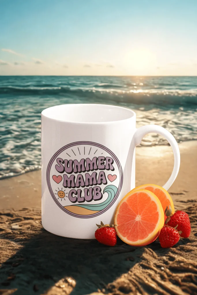 White Summer Mama Club mug on sandy beach with sliced grapefruit, strawberries, and ocean waves in background – Happily Styled mockup