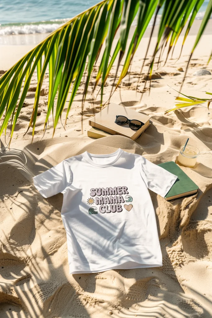 White Summer Mama Club t-shirt on sand with books, sunglasses, and iced coffee – beach flatlay mockup for Happily Styled summer collection