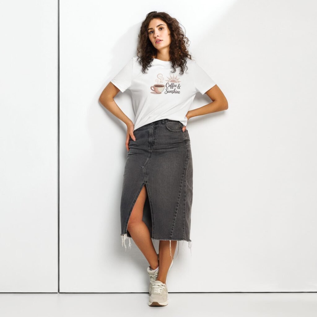 Woman wearing white Coffee & Sunshine t-shirt styled with black denim skirt – minimalist fashion mockup on white background