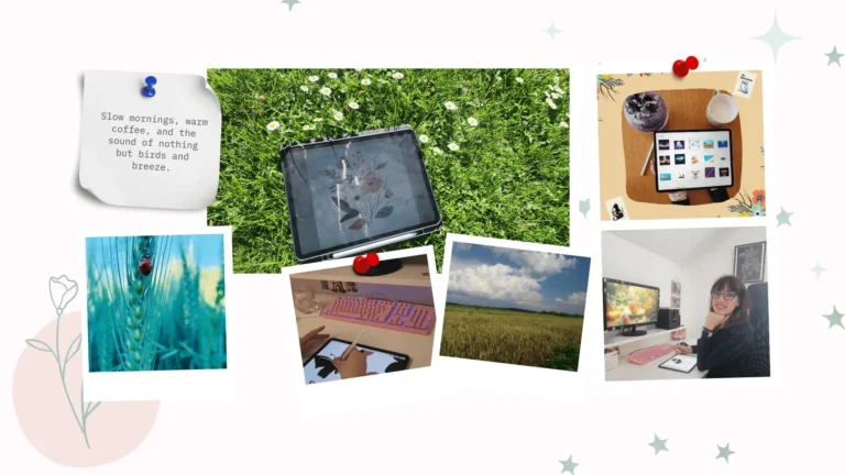 Cozy countryside workspace collage with wildflowers, drawing tablet, nature scenes, and a woman smiling at her home desk — showcasing slow living and creative life.