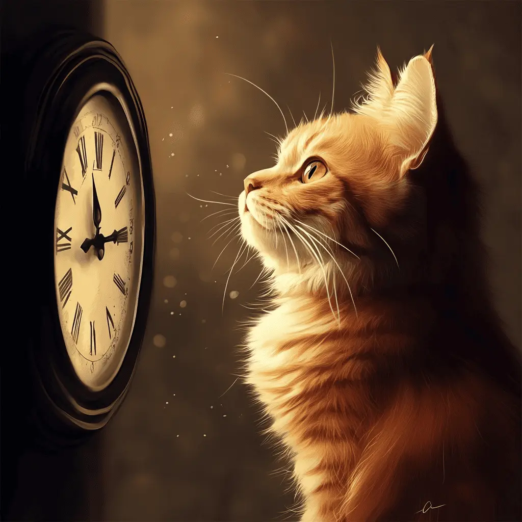 Why It’s Okay to Start Small (And Stay Consistent) 2 Golden-orange cat patiently watching a vintage clock, symbolizing how staying consistent over time brings results.