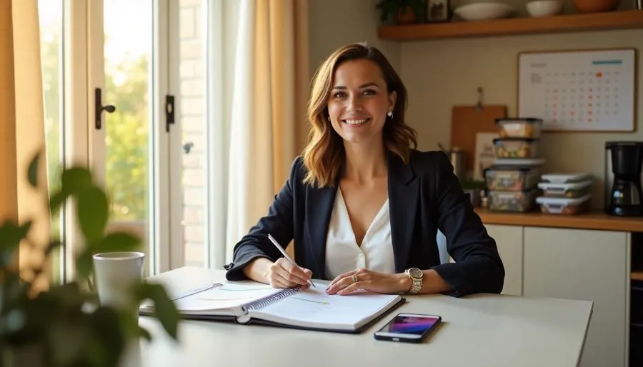 Smiling woman working at home with planner and coffee, representing Proven Hacks for Working Moms.