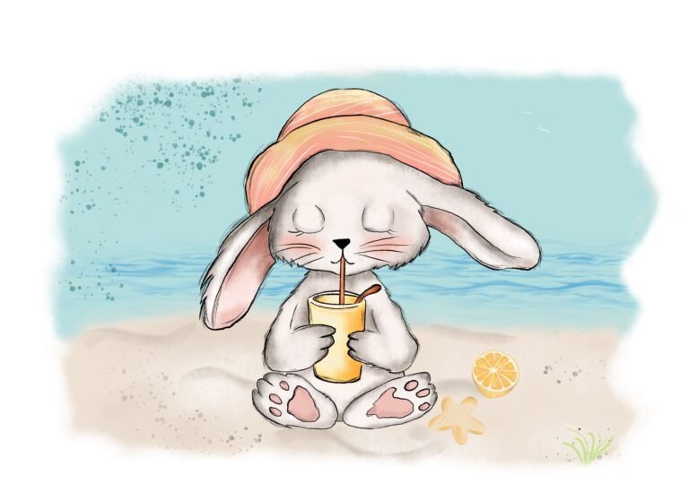 Whimsical pastel bunny wearing a peach hat, sitting on the beach with a gentle summer vibe