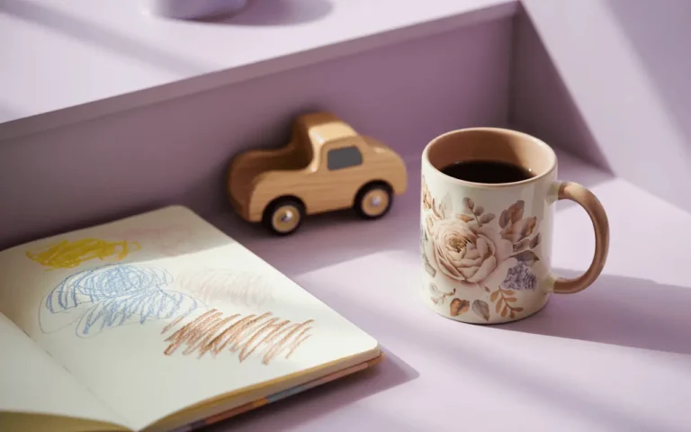 Pastel mug and toddler scribbles on sketchbook – a snapshot of the sweetest moments in mom life