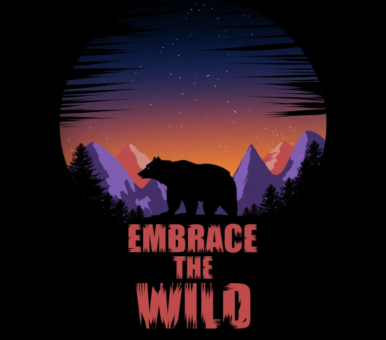 Bold and moody silhouette of trees and cabin with "Embrace the Wild" quote in glowing red and purple hues, dreamy night scene.