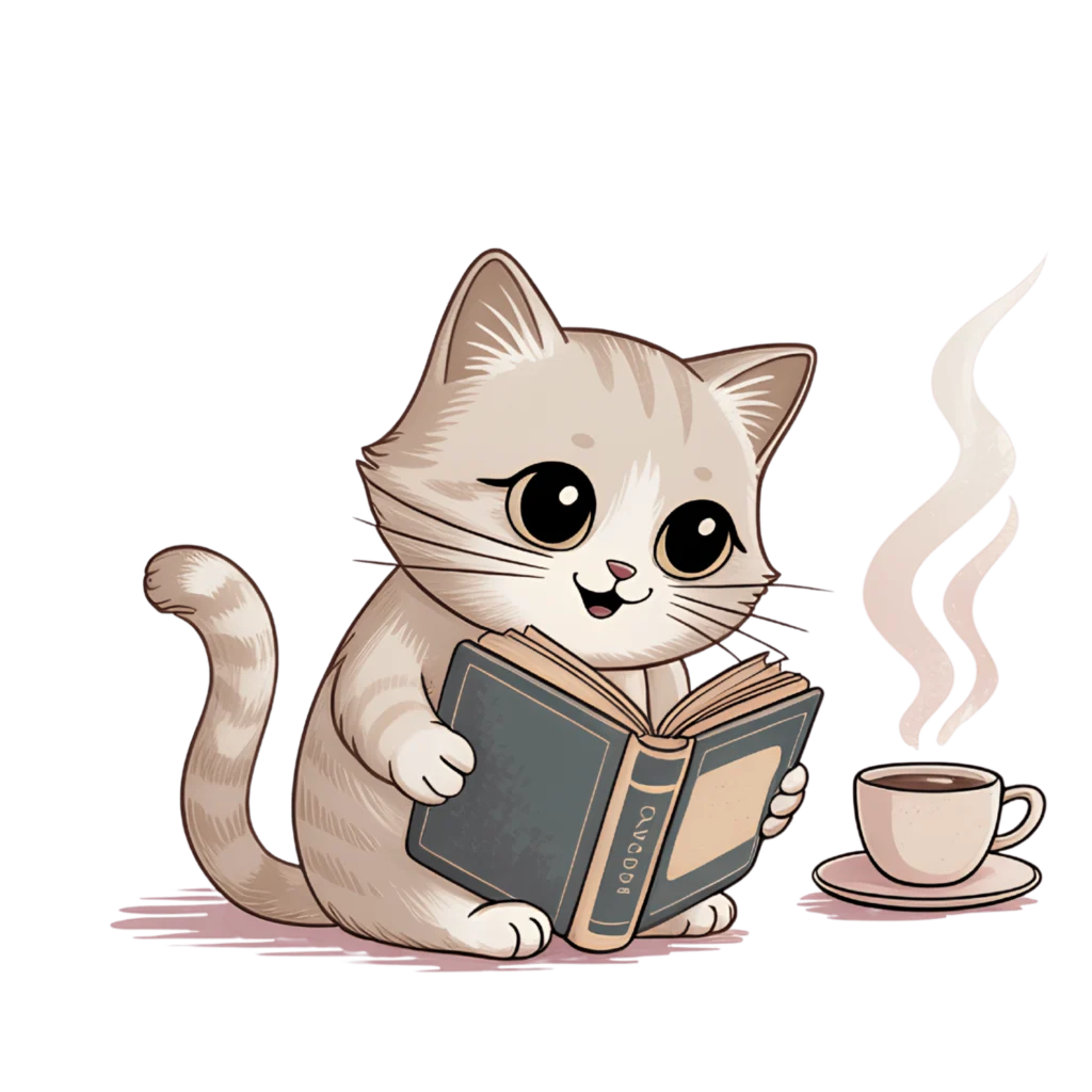 Cute pastel cat reading a book with a steaming cup of coffee beside it