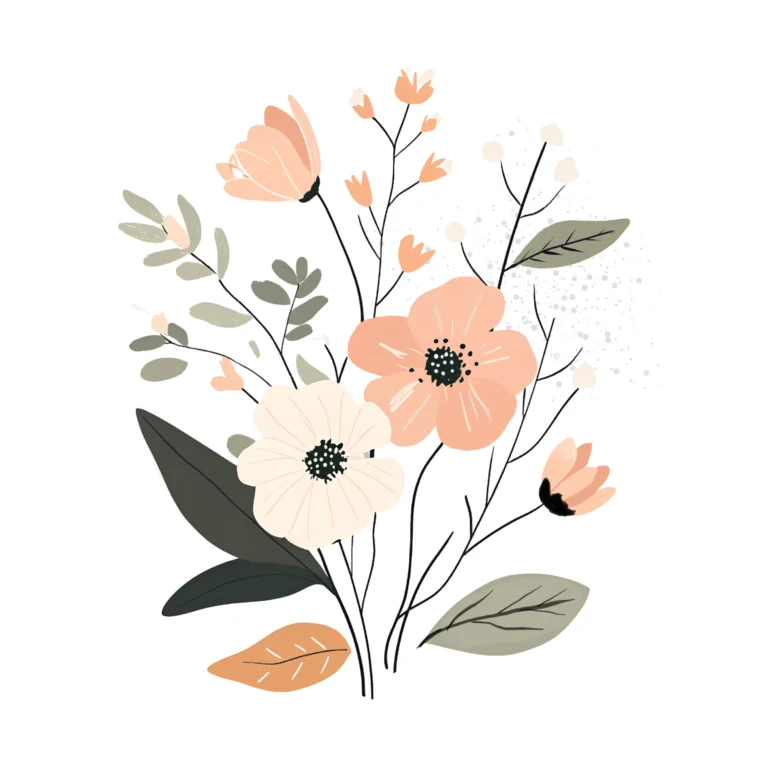 Hand-drawn gentle bouquet with beige and blush pink flowers and green leaves, perfect for feminine and rustic designs.