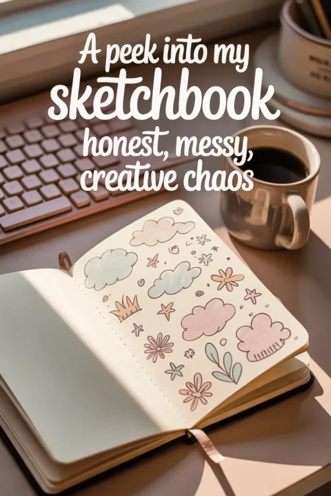 Inside My Sketchbook: A Real Look Behind the Art 3 Vertical Pinterest graphic showing an open sketchbook filled with whimsical cloud doodles and floral drawings, with the text “A peek into my sketchbook – honest, messy, creative chaos.”