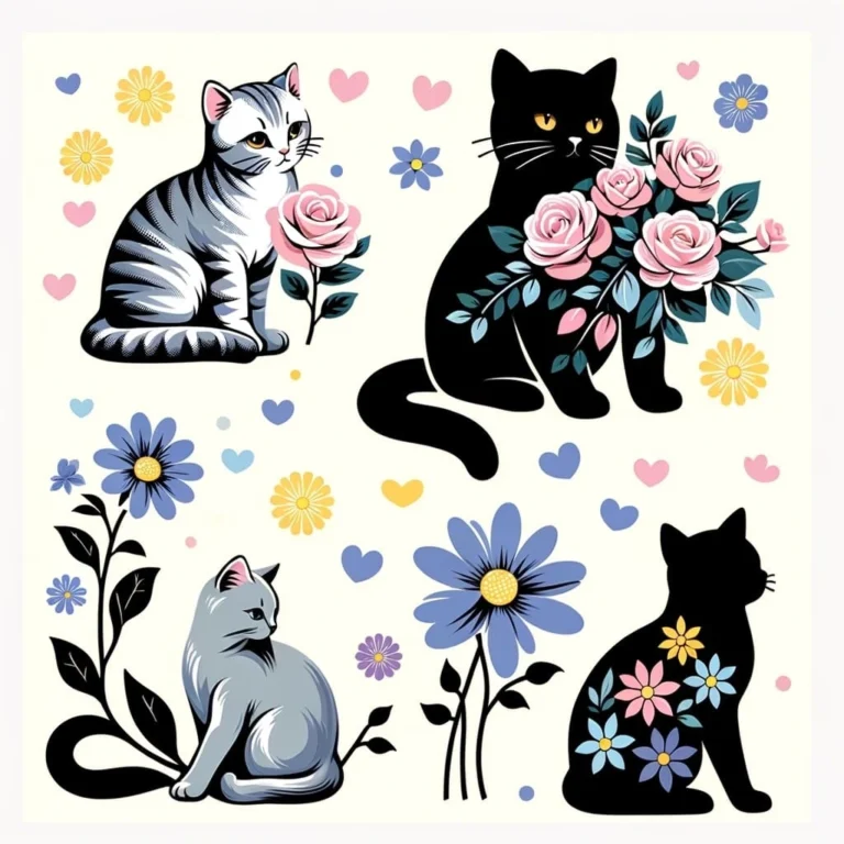 Multiple cute black and white cats surrounded by pink flowers, moons, and yellow stars in a playful sticker-style collage.
