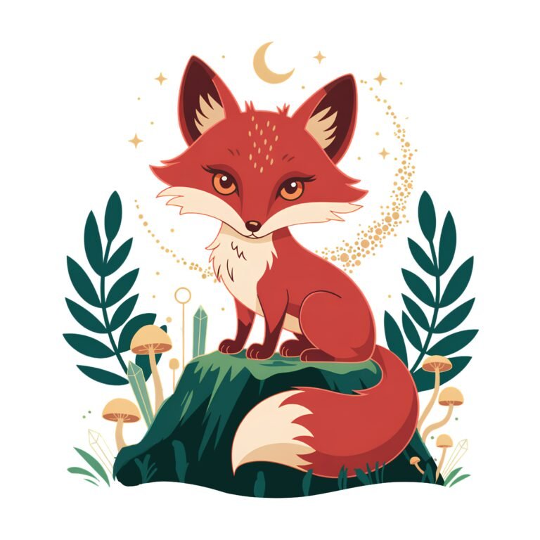 Cute red fox with a crescent moon and fern leaves in the background, sitting calmly on soft green grass in a whimsical forest scene.