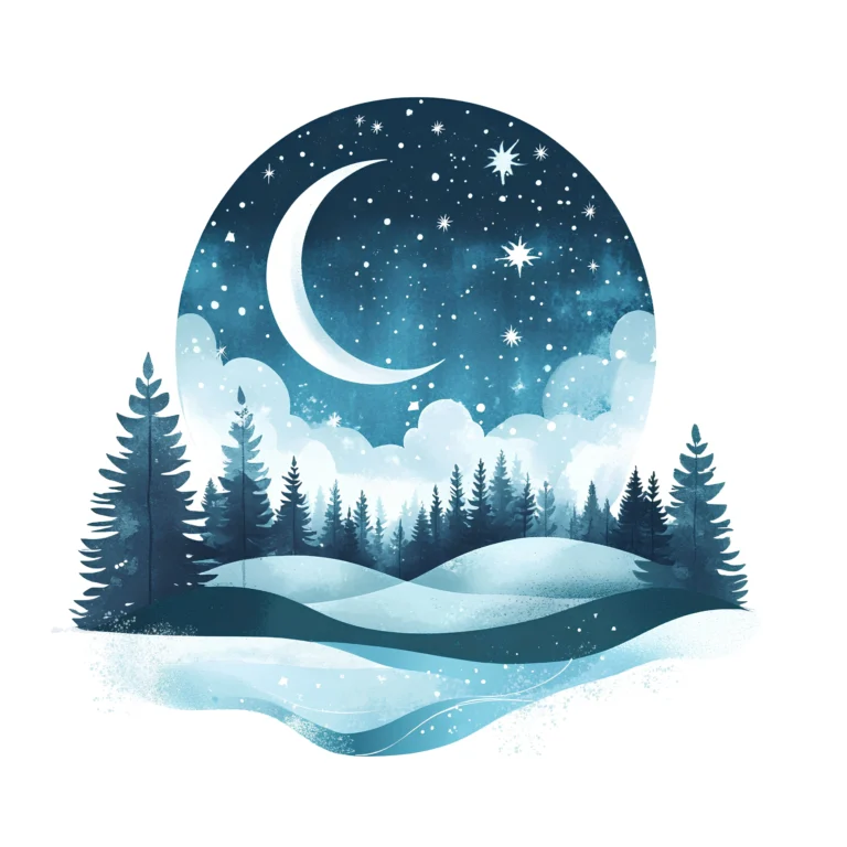 Mystical winter landscape with pine trees under a starry night sky and crescent moon, evoking a peaceful and magical winter mood.