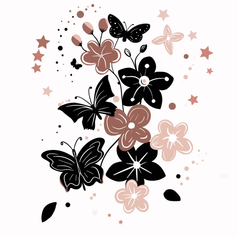 Black butterflies floating through a soft blush pink cloud of sparkles and stars, dreamy and mysterious nature-themed art.