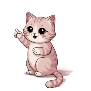 Cute pastel pink cat sitting and pointing with one paw