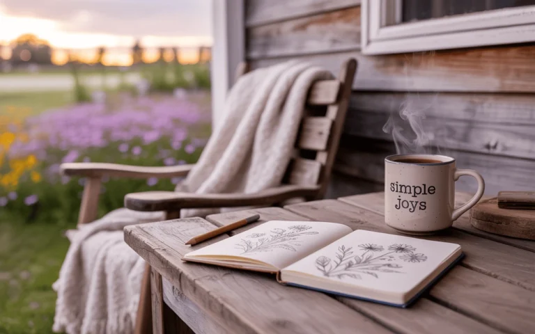 Sketchbook and steaming coffee mug on a cozy country porch — capturing the simple pleasures of slow living.