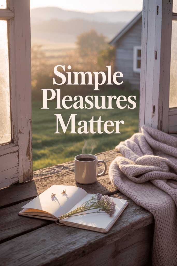 Simple Pleasures: Why I Fell in Love with Country Living 3 Open window view with a cup of coffee, journal, and blanket — capturing simple pleasures of country living.