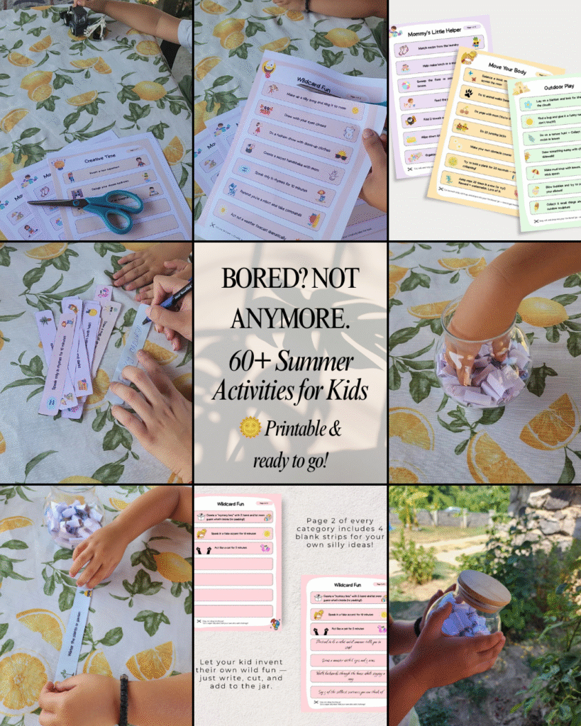 "Preview collage of printable summer bored jar for kids — includes colorful activity cards, hands picking a challenge from a glass jar, and fun outdoor-themed prompts