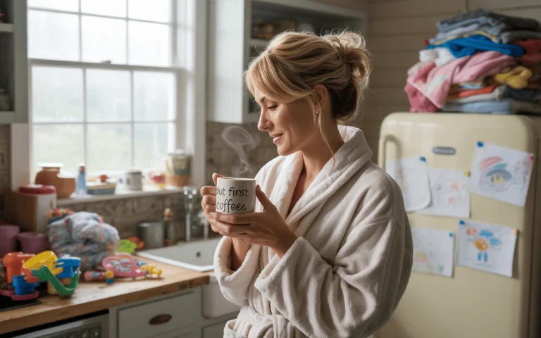 Tired mom holding coffee in a cozy kitchen, surrounded by toys — featured image for blog post “10 Things I Wish I Knew Before Becoming a Mom”
