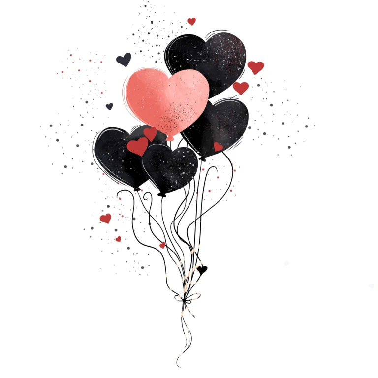 Black and blush pink heart-shaped balloons tied together, floating softly upward in a minimalist romantic art piece.