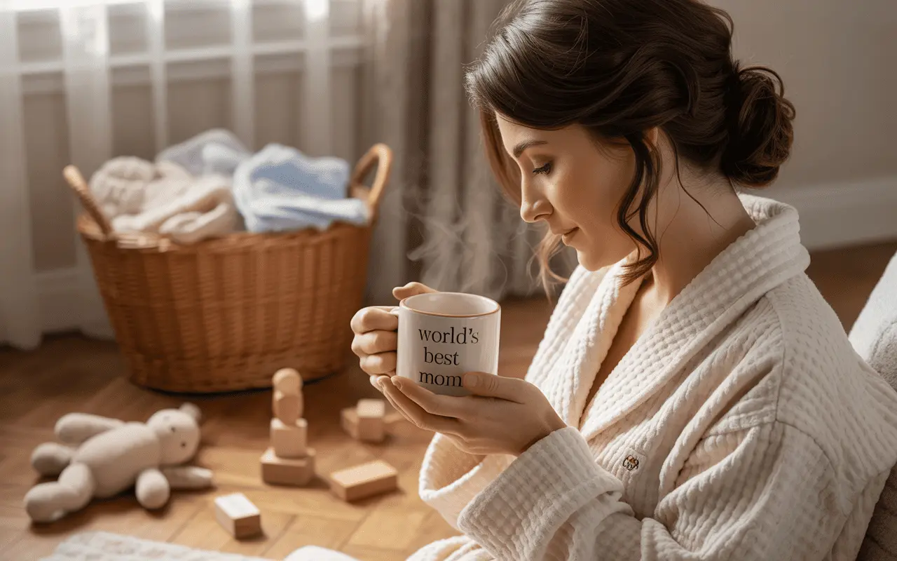 Tired mom in cozy robe holding a coffee mug, representing daily affirmations for moms