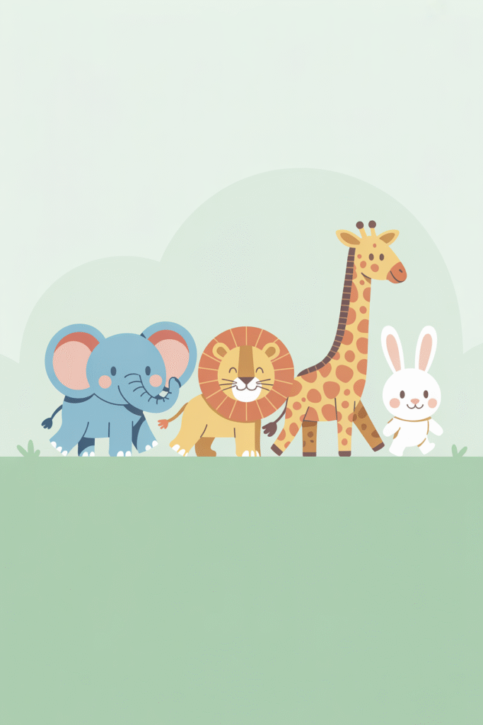 Simple drawing ideas for toddlers – cute cartoon animals like elephant, lion, giraffe, and bunny lined up on grass