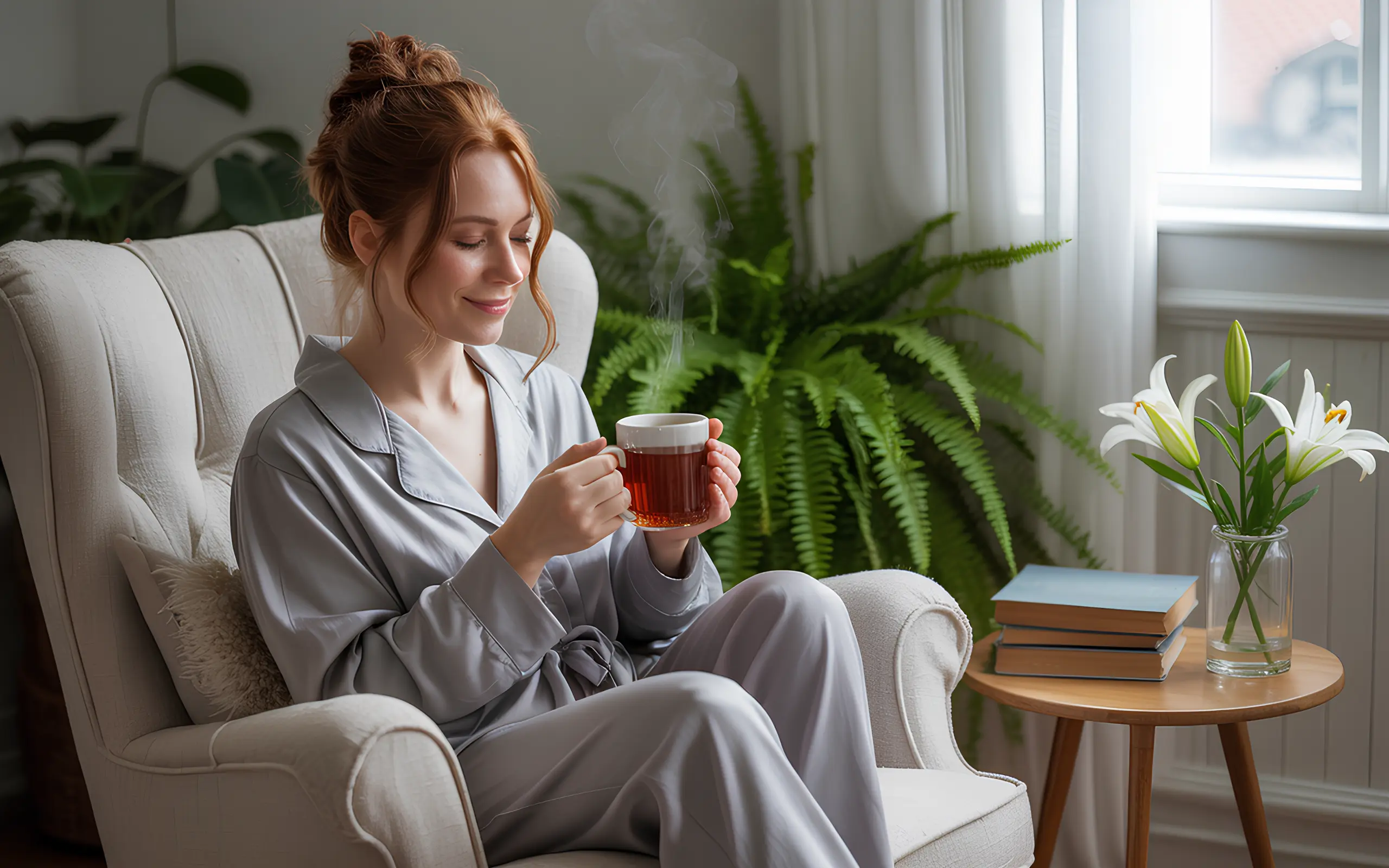 A tired mom enjoying a quiet cup of tea in cozy pajamas, surrounded by books and plants — a peaceful moment that reflects simple self-care ideas for moms.