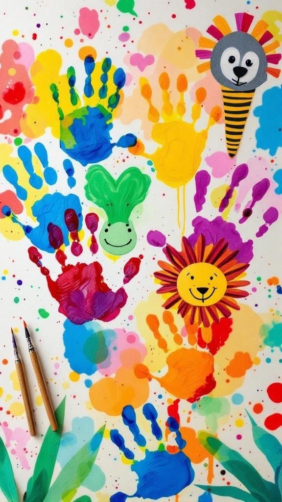 Colorful handprint animals created with paint, featuring a giraffe, pig, and flowers.