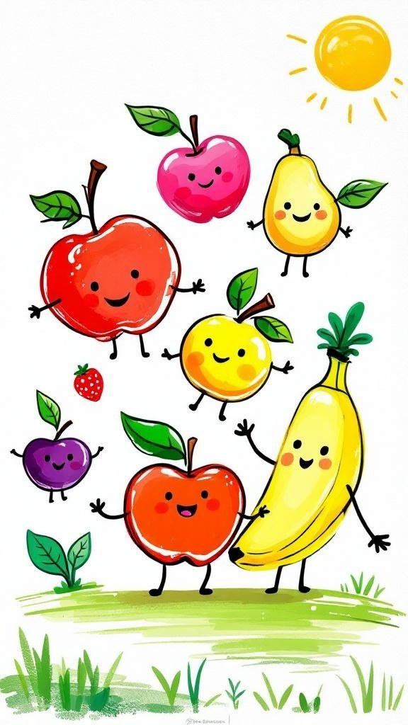Colorful drawing of cute fruit characters including smiling apples and bananas in a sunny landscape.