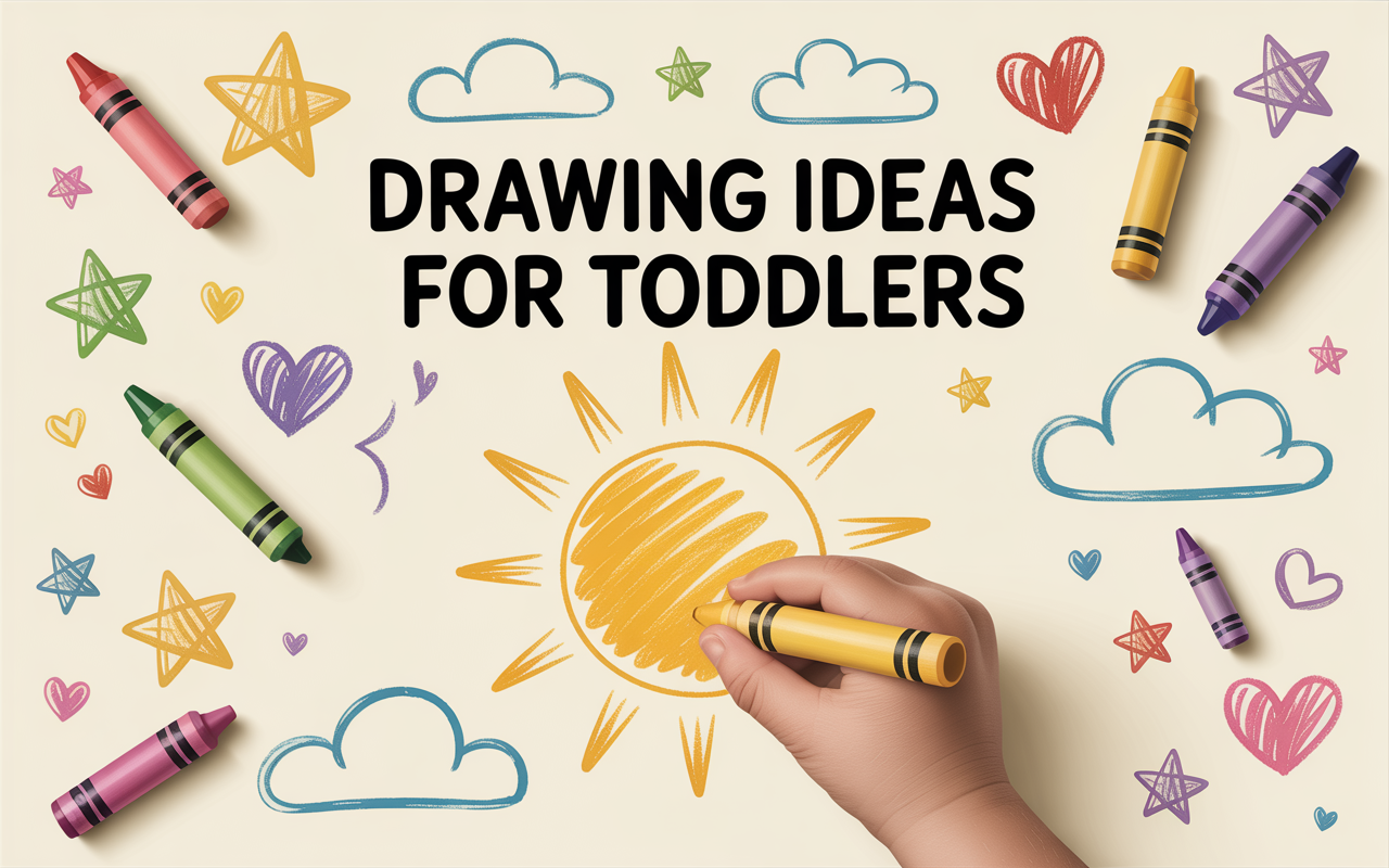 Colorful crayons and toddler hand drawing a sun with clouds and hearts – drawing ideas for kids