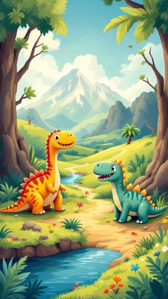 A colorful illustration of friendly dinosaurs in a playful landscape.
