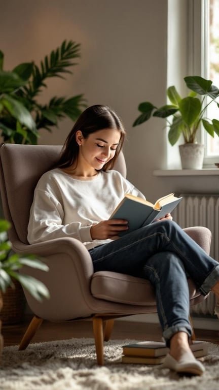 A woman relaxing in a cozy chair, reading a book, surrounded by plants.