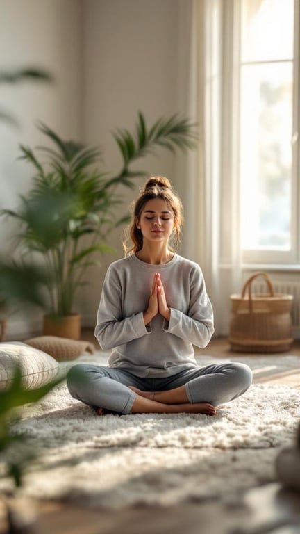 A woman practicing mindful breathing in a serene indoor space.