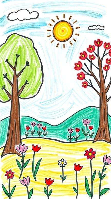 A colorful drawing of a nature scene with trees, flowers, and a sun.