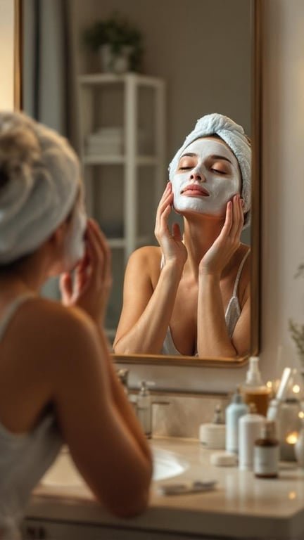 A woman applying a facial mask while looking in the mirror, surrounded by skincare products.