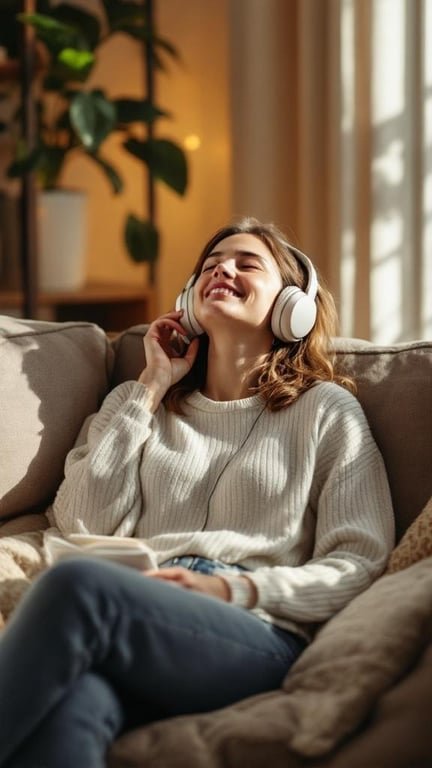 A woman enjoying music with headphones on a cozy couch, smiling and relaxed.