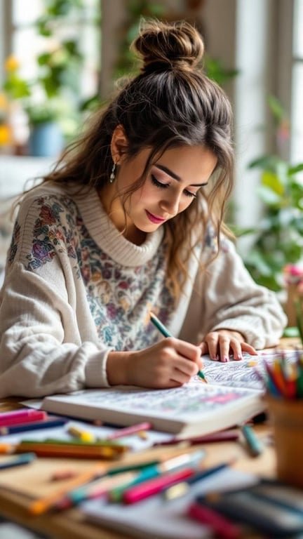 A woman coloring in a book with colored pencils scattered around her.