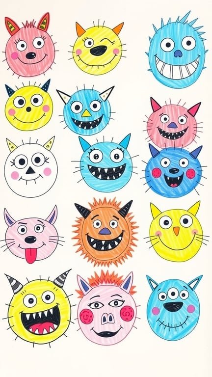 Colorful drawings of funny monster faces with various expressions and features.