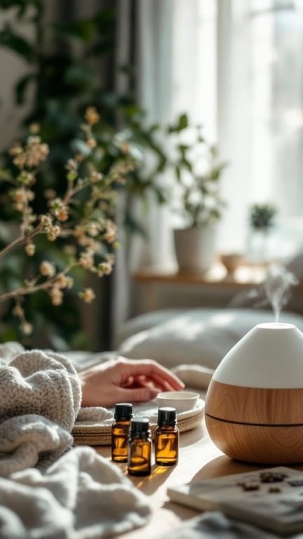 A cozy aromatherapy setup with essential oils and a diffuser
