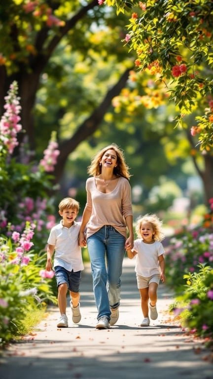 A mother walking with her three children in a flower-filled park.