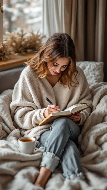 A woman writing in a journal while sitting on a cozy couch with a cup of tea.