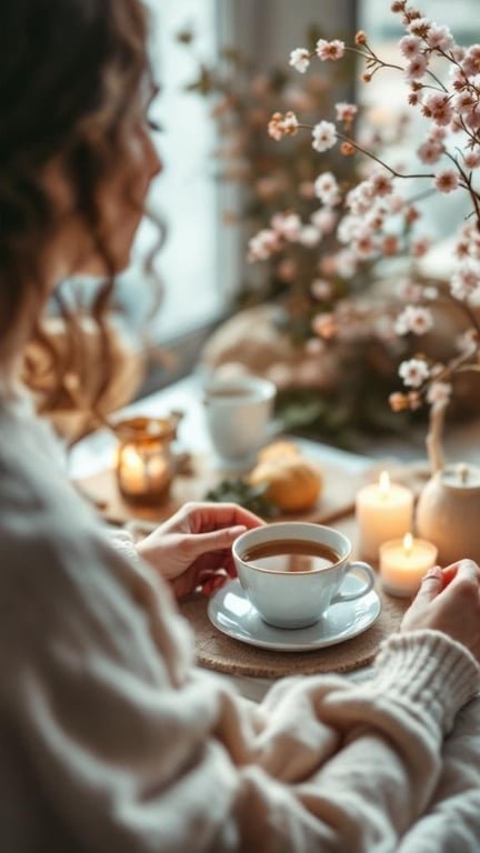 A woman enjoying a cup of tea surrounded by flowers and candles, creating a peaceful atmosphere.