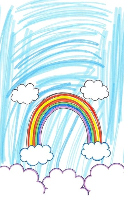 A colorful drawing of a rainbow with clouds in a blue sky.