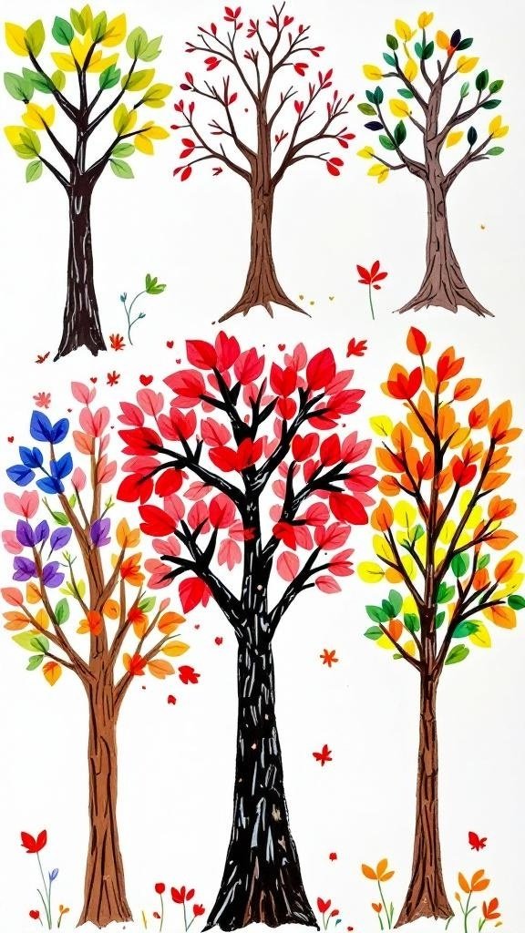 Colorful drawings of seasonal trees with various leaf colors.