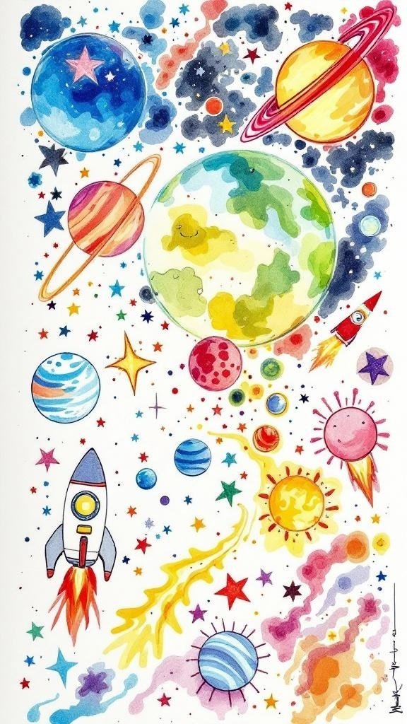 Colorful drawing of a rocket and planets in space.